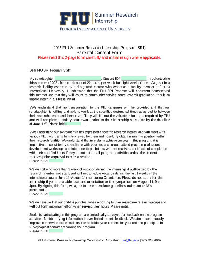 2023 FIU Summer Research Internship Program (SRI) Parental Consent Form screenshot