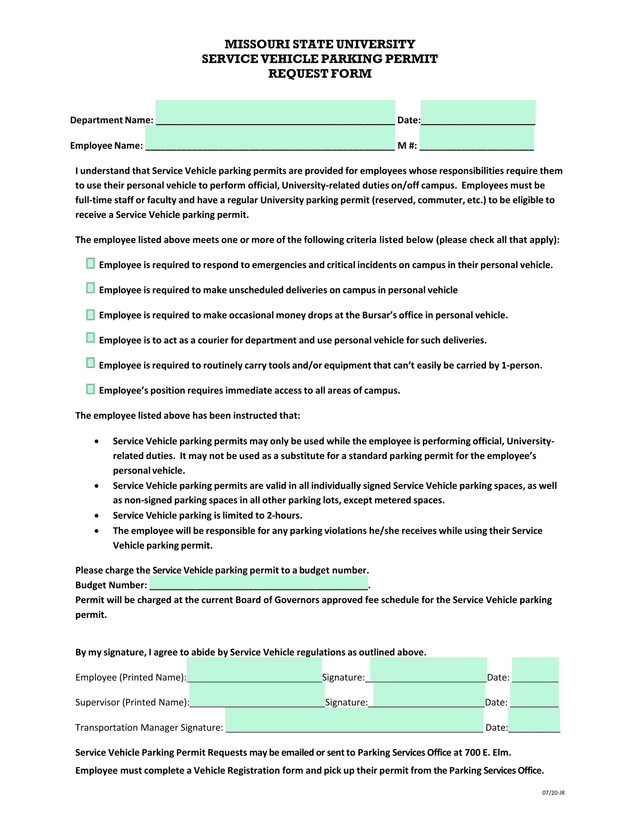 Service Vehicle Parking Permit Request Form screenshot