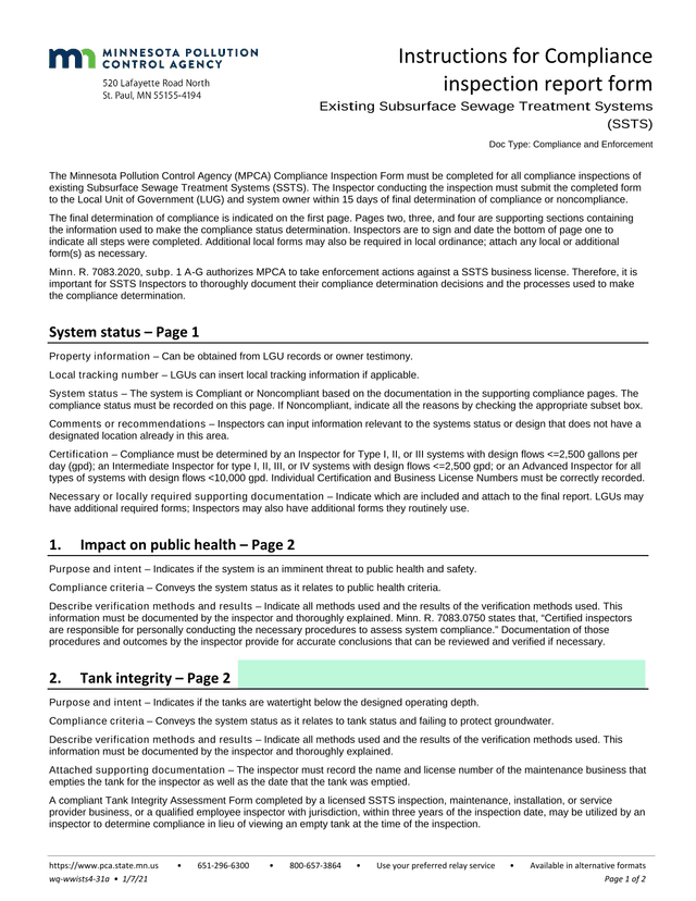 Instructions For Compliance Inspection Report Form   Existing Subsurface Sewage Treatment Systems (S screenshot