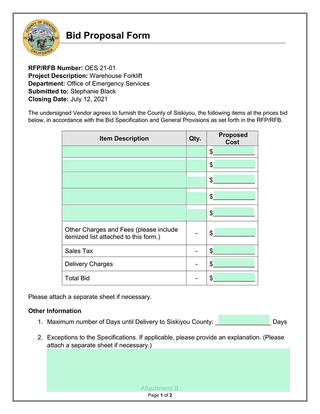 Bid Proposal Form screenshot