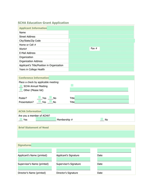 SCHA Education Grant Application screenshot