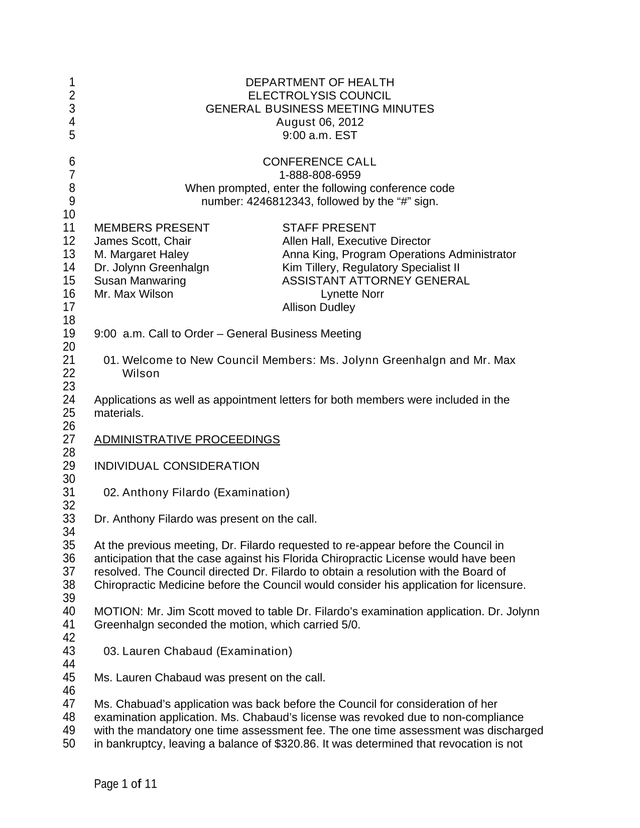 Electrolysis Council General Business Meeting Minutes screenshot