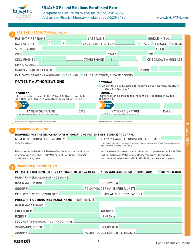 ENJAYMO Patient Solutions Enrollment Form screenshot