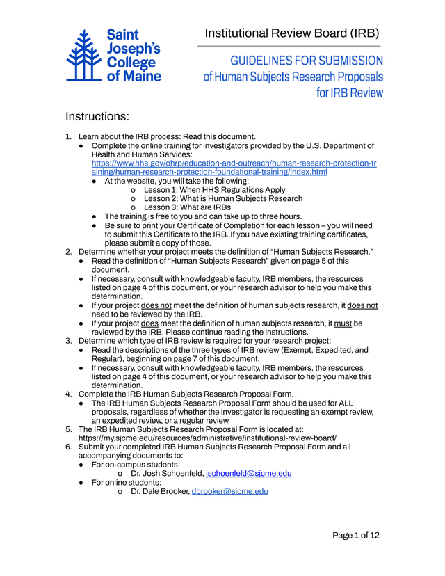 Institutional Review Board (IRB) Instructions screenshot
