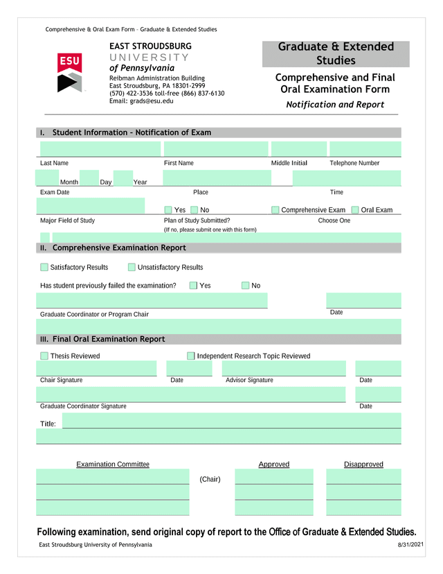 Comprehensive  Oral Exam Form  Graduate  Extended Studies screenshot