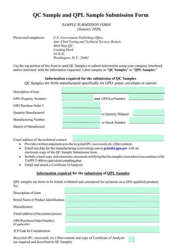 QC Sample And QPL Sample Submission Form screenshot