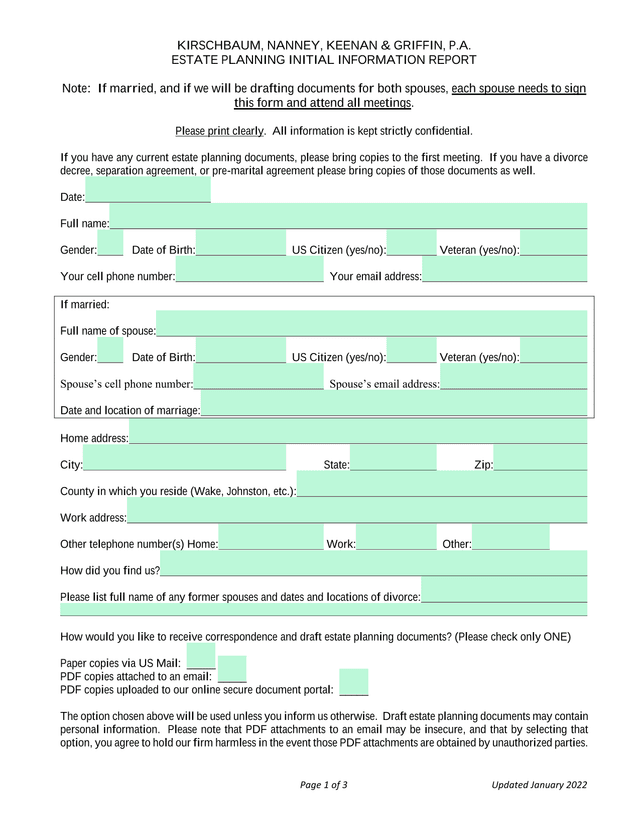 Estate Planning Initial Information Report screenshot