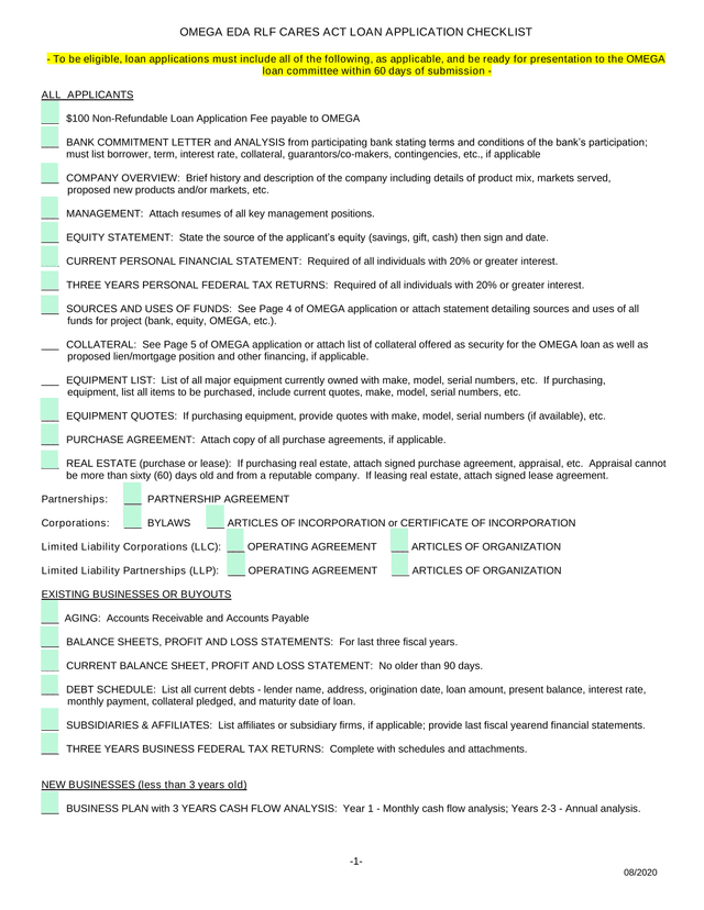 OMEGA EDA RLF CARES ACT LOAN APPLICATION CHECKLIST screenshot