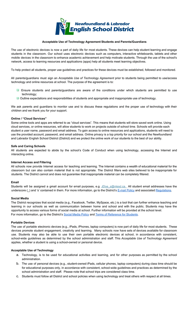 Acceptable Use Of Technology Agreement Students And ParentsGuardians screenshot