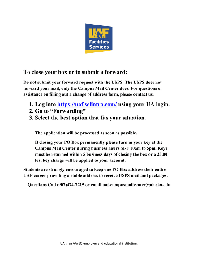 PO Box Forwarding And Closure Instructions screenshot