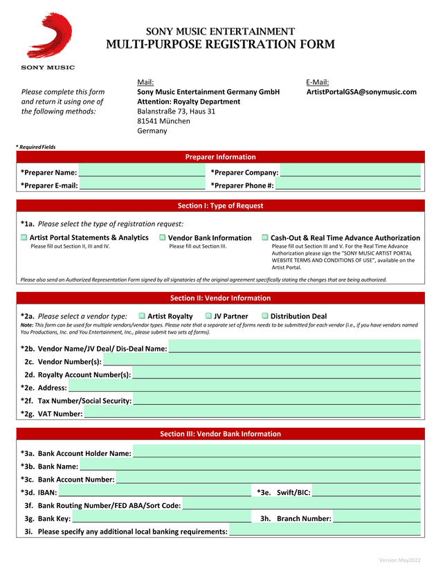 Sony Music Entertainment Multi Purpose Registration Form screenshot