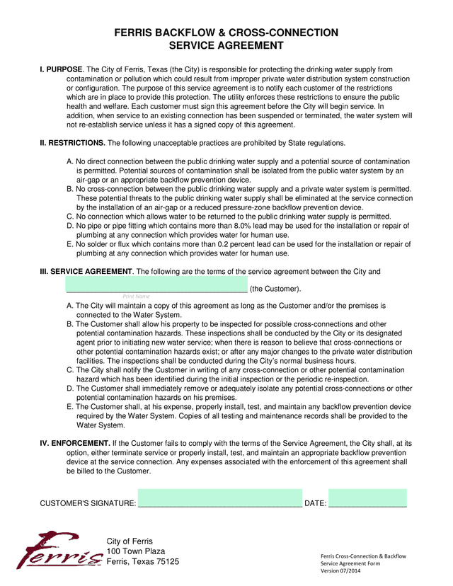 Ferris Cross Connection  Backflow Service Agreement Form screenshot