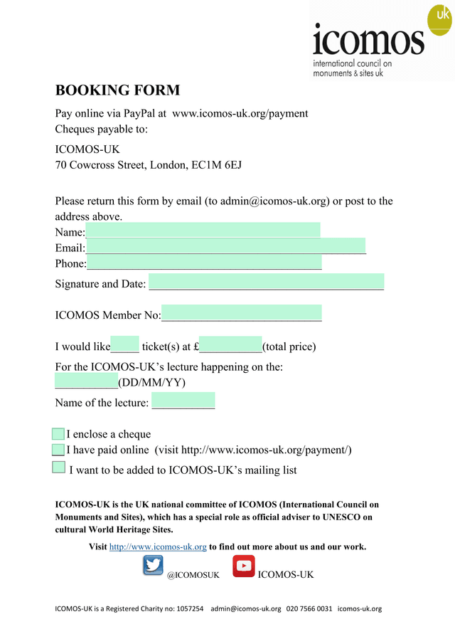 ICOMOS UK Booking Form screenshot