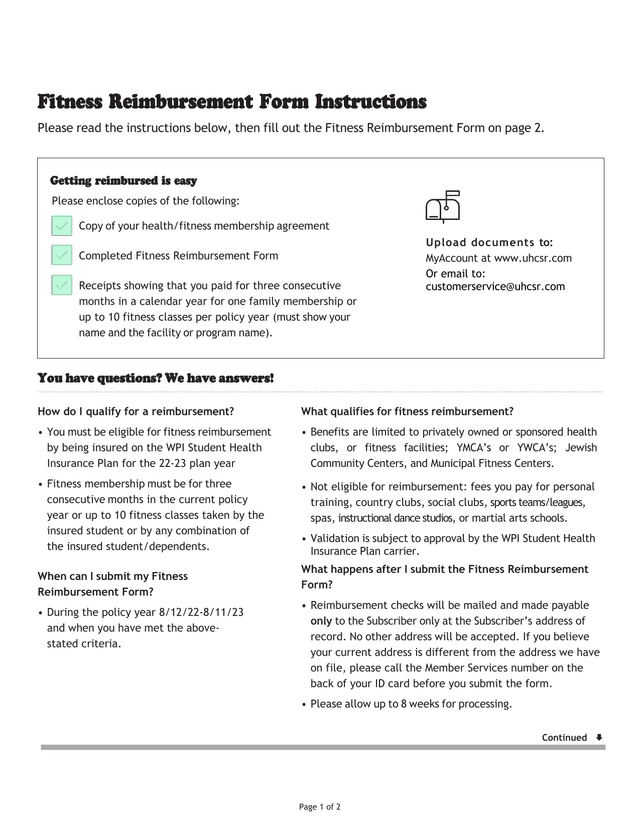 Fitness Reimbursement Form Instructions screenshot