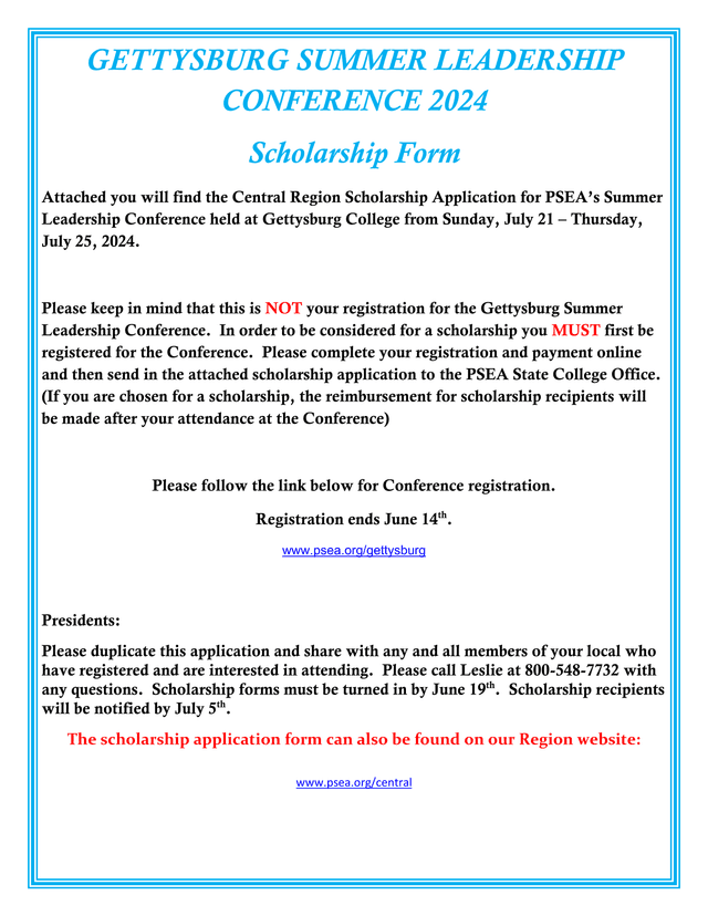 PSEA Gettysburg Summer Leadership Conference 2024 Region Scholarship Application screenshot