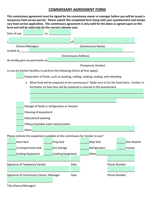 COMMISSARY AGREEMENT FORM screenshot
