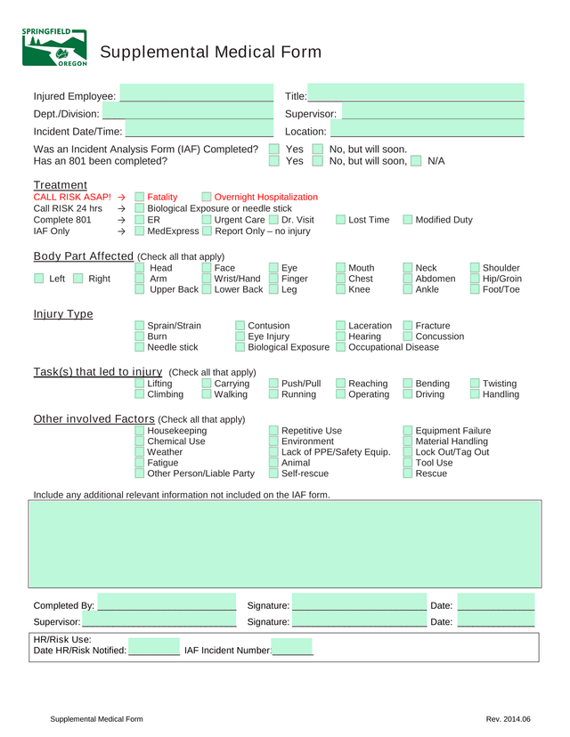 Supplemental Medical Form screenshot