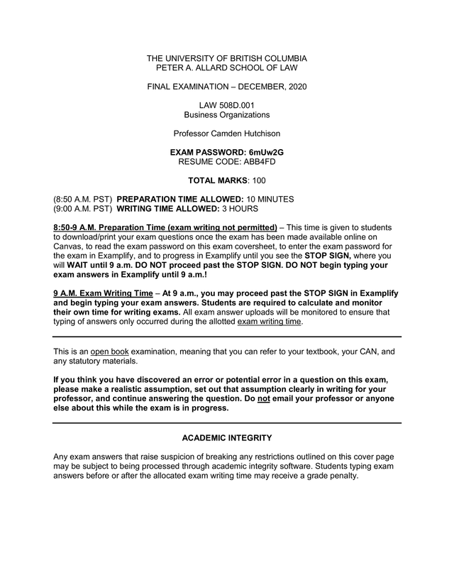 FINAL EXAMINATION  LAW 508D Business Organizations screenshot