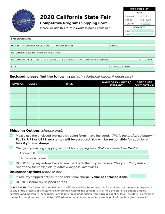 Competitive Programs Shipping Form screenshot