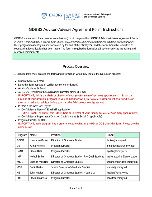 GDBBS Advisor Advisee Agreement Form Instructions screenshot