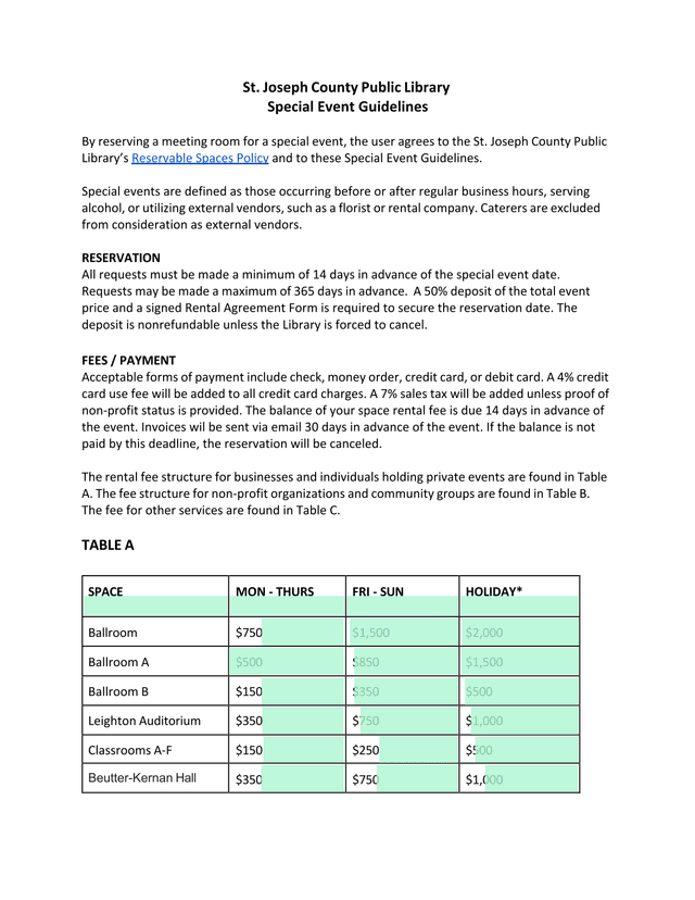 St. Joseph County Public Library Special Event Guidelines screenshot