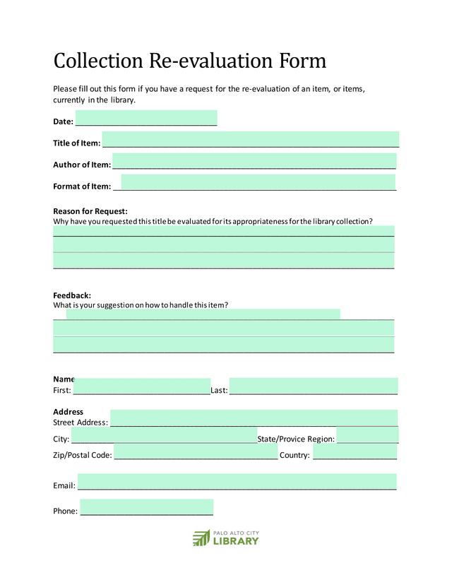 Collection Re Evaluation Form screenshot