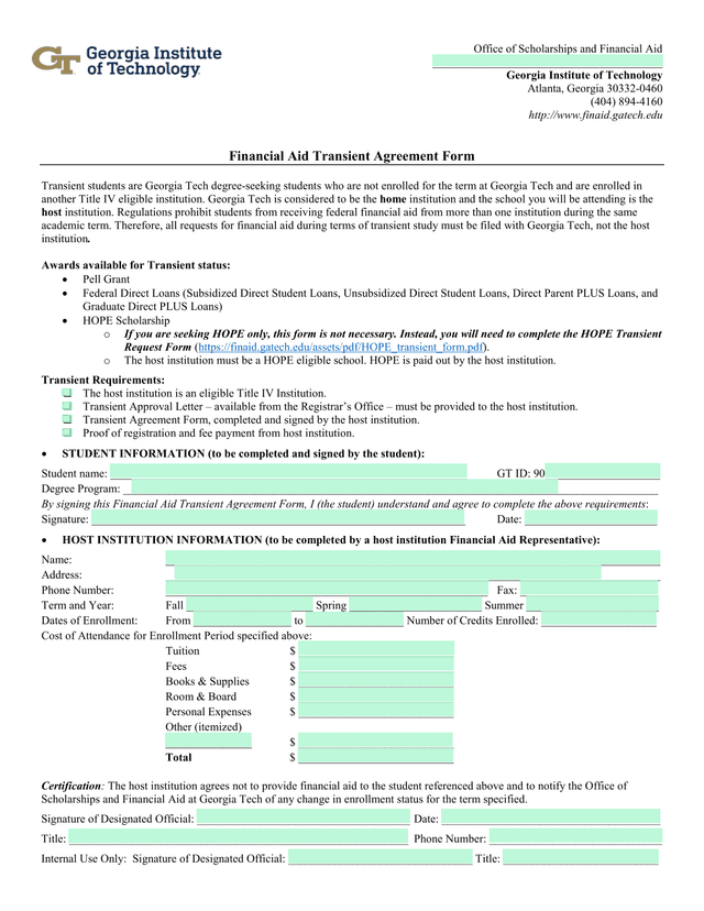 Financial Aid Transient Agreement Form screenshot