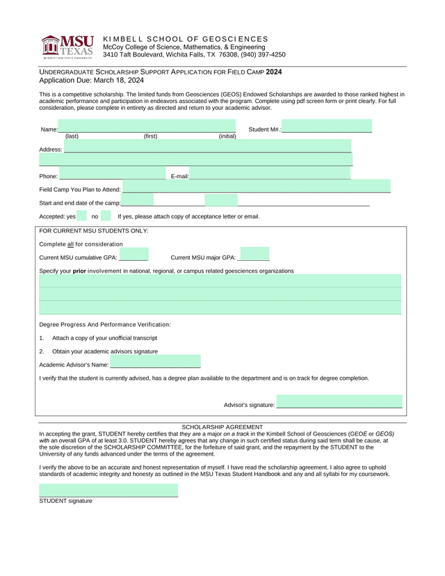 Undergraduate Scholarship Support Application For Field Camp 2024 screenshot