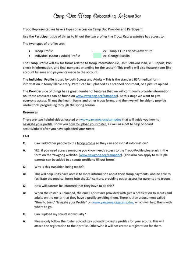 Camp Doc Troop Onboarding Information screenshot