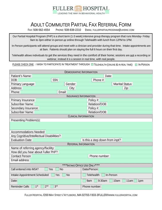 Adult Commuter Partial Fax Referral Form screenshot