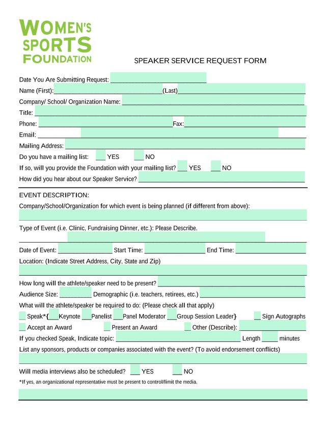 SPEAKER SERVICE REQUEST FORM screenshot