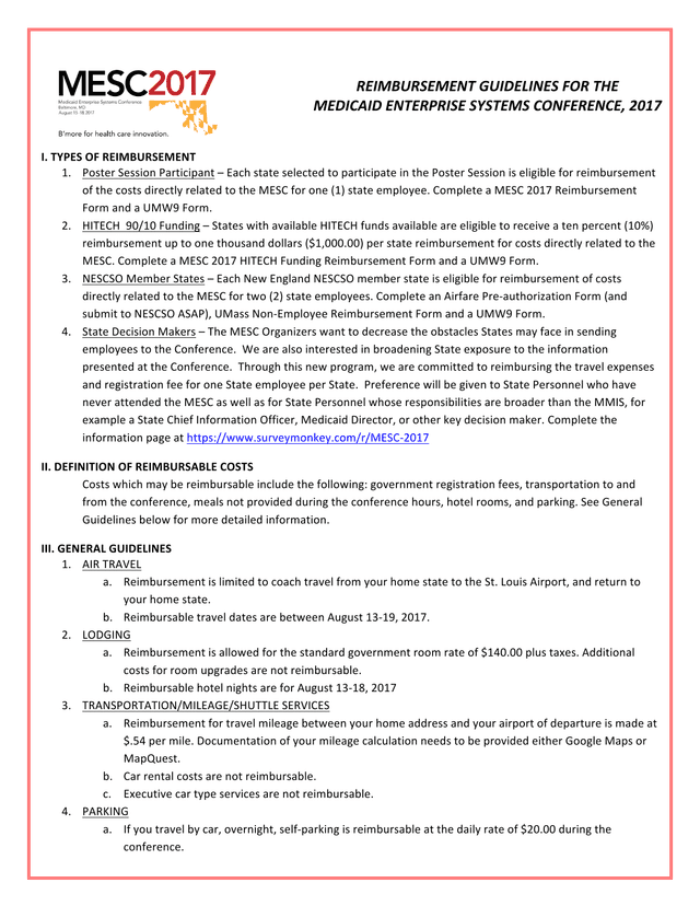 Reimbursement Guidelines For The Medicaid Enterprise Systems Conference, 2017 screenshot