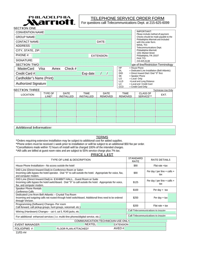 Telecommunications Order Form screenshot