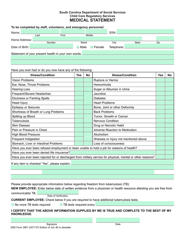 DSS Form 2901 Medical Statement screenshot