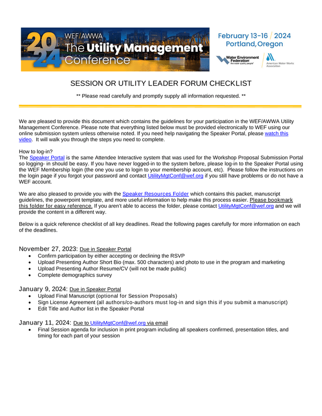 SESSION OR UTILITY LEADER FORUM CHECKLIST screenshot