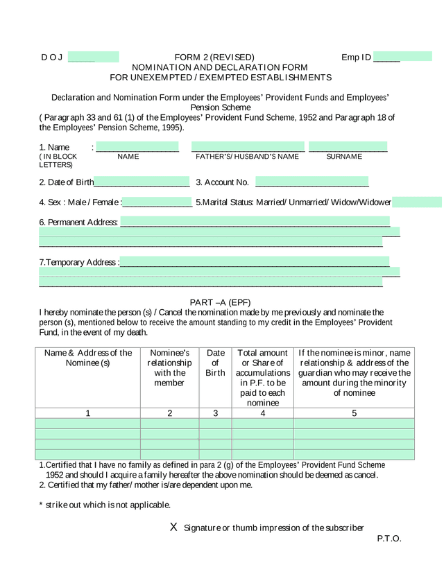 Nomination And Declaration Form For Unexempted  Exempted Establishments screenshot