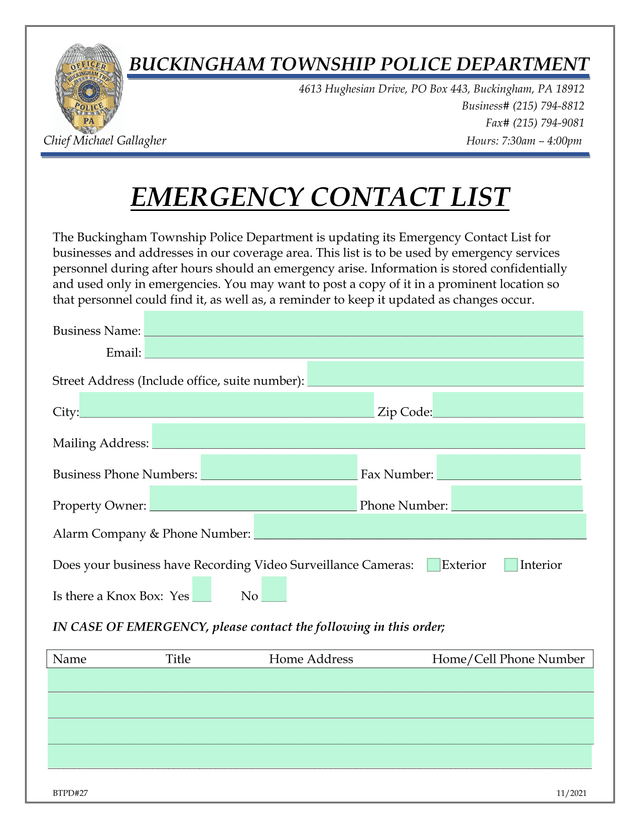 BTPD27 Emergency Contact List screenshot