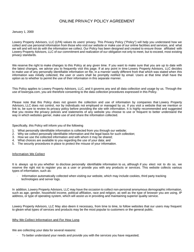 Online Privacy Policy Agreement screenshot