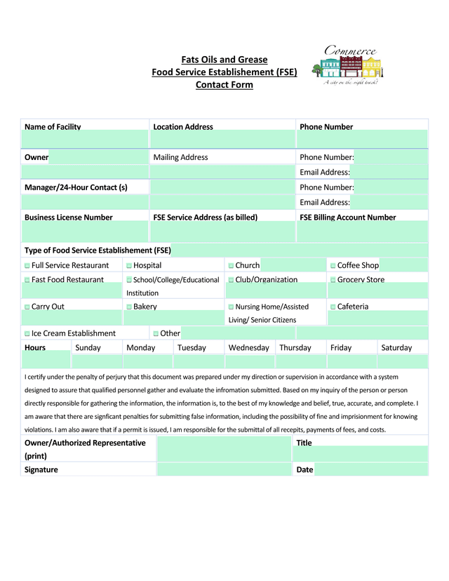 Fats Oils And Grease Food Service Establishment (FSE) Contact Form screenshot