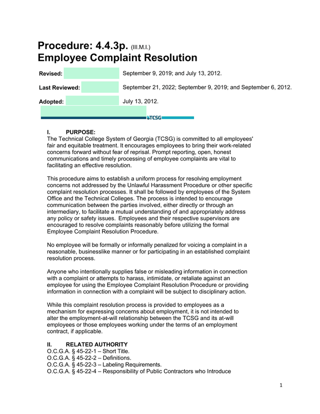 Procedure 4.4.3p. (III.M.I.) Employee Complaint Resolution screenshot