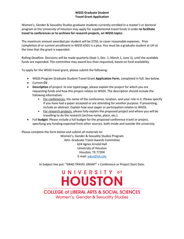 WGSS Graduate Student Travel Grant Application screenshot