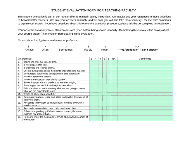 STUDENT EVALUATION FORM FOR TEACHING FACULTY screenshot
