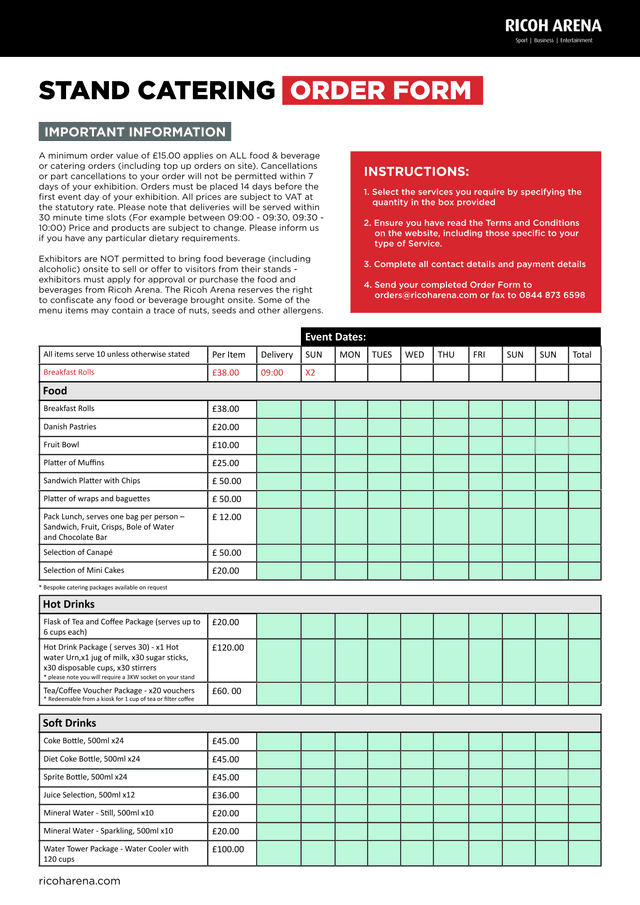 STAND CATERING ORDER FORM screenshot