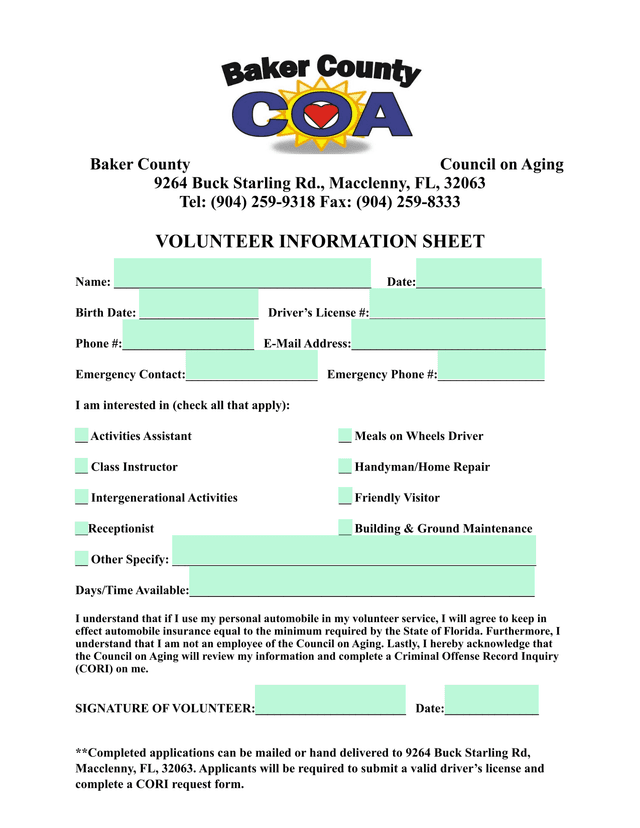 Volunteer Information Sheet screenshot