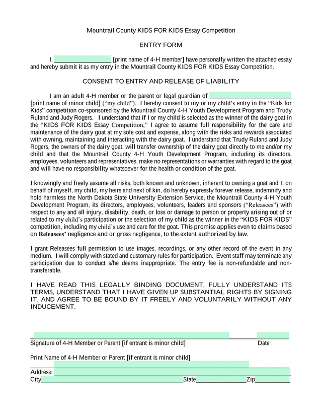 Mountrail County KIDS FOR KIDS Essay Competition Entry Form screenshot