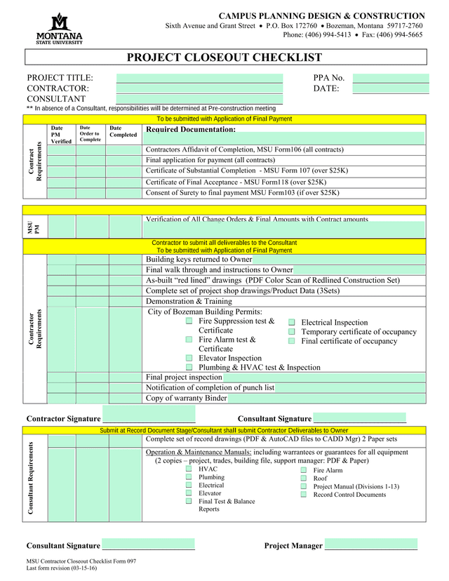 MSU Contractor Closeout Checklist Form 097 screenshot