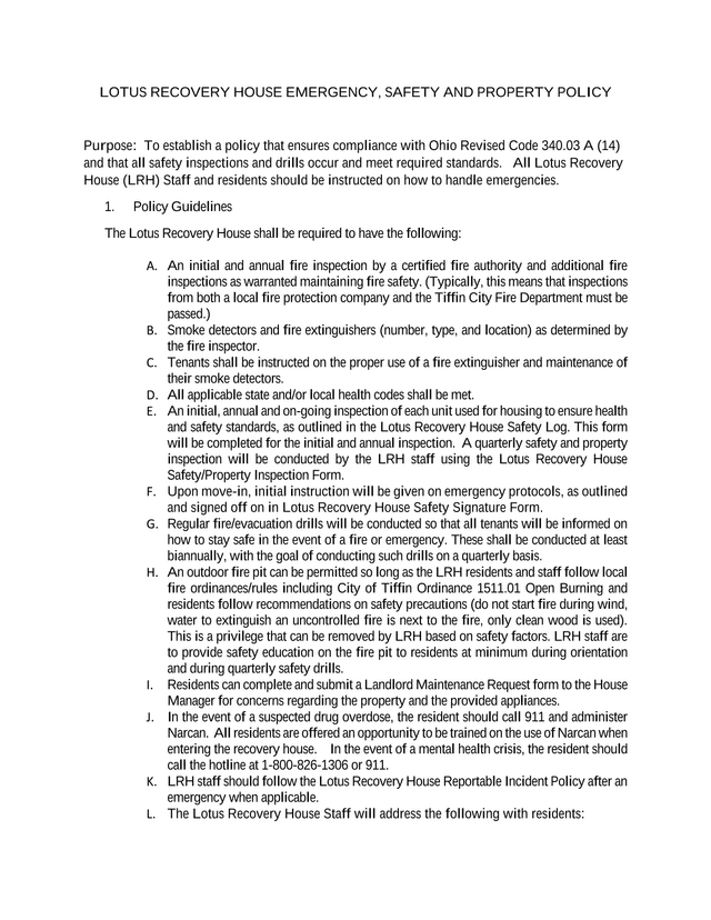 LOTUS RECOVERY HOUSE EMERGENCY, SAFETY AND PROPERTY POLICY screenshot