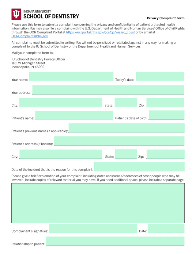 Privacy Complaint Form screenshot