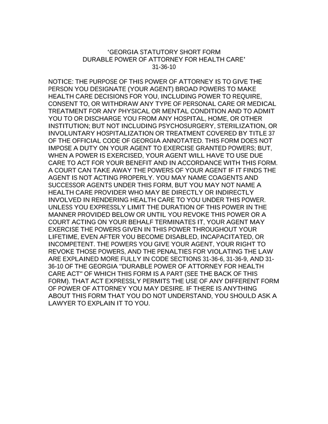 Georgia Statutory Short Form Durable Power Of Attorney For Health Care screenshot