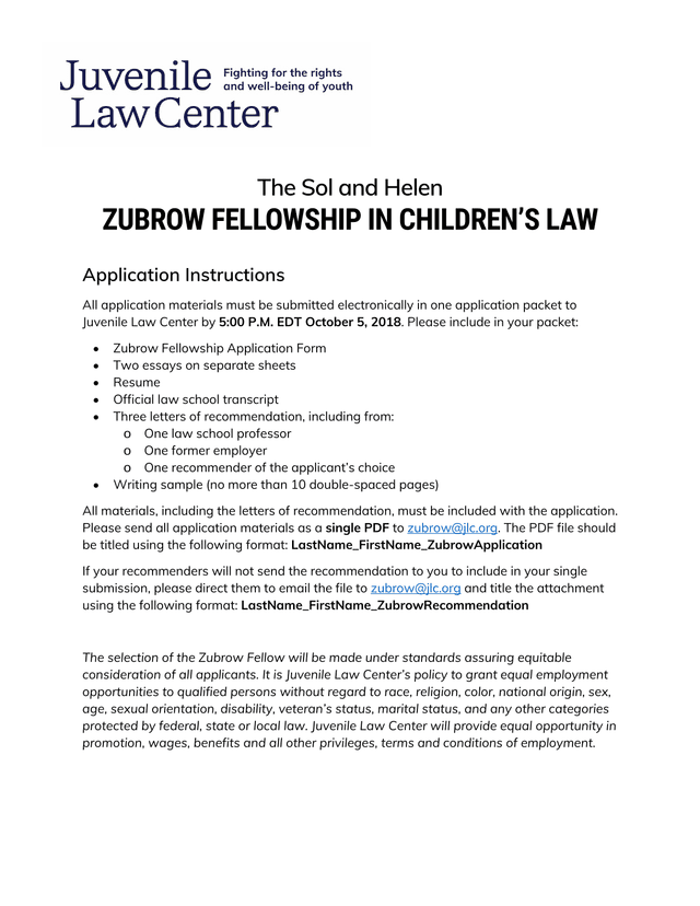 Sol And Helen Zubrow Fellowship In ChildrenS Law Application screenshot